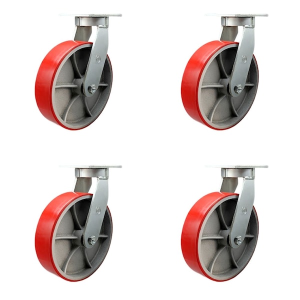 Service Caster 12'' Heavy Duty Red Poly on Cast Iron Swivel Caster Set with 2 Swivel Locks, 4PK CRAN-SCC-KP92S1230-PUR-RS-BSL-2-S-2 - main